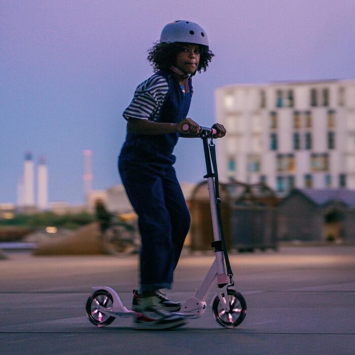 Електросамокат Movino City Light для дітей та підлітків, LED, 180мм колеса, амортизатор, регульований кермо, колір сіро-рожевий