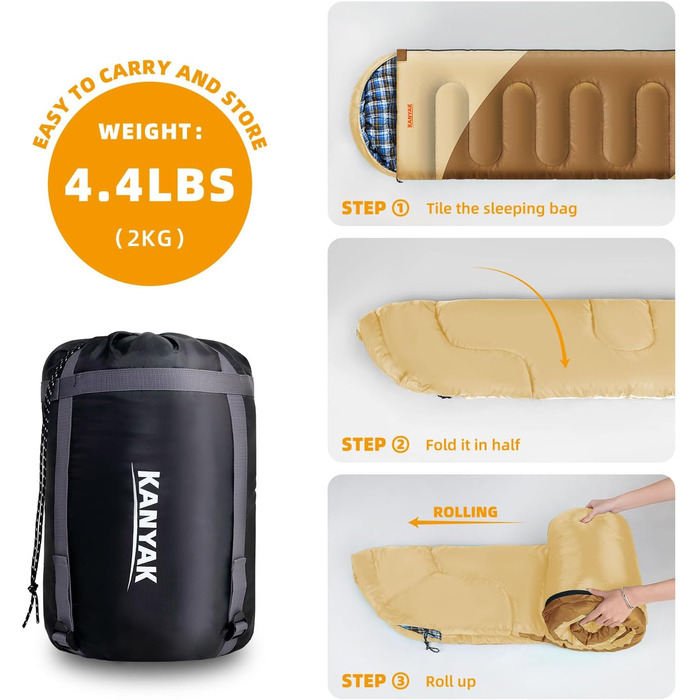 Спальний мішок для кемпінгу: дорослий, дитячий, підлітковий, 3-4 сезони, холодний клімат, теплий, для подорожей та відпочинку на природі (бежевий, землисто-жовтий)