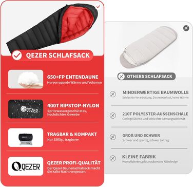 Сплячий мішок для дорослих та дітей, зимовий легкий, Outdoor 8°C ~ -30°C для кемпінгу та альпінізму, 650 FP гусячий пух, чорний, 1000г