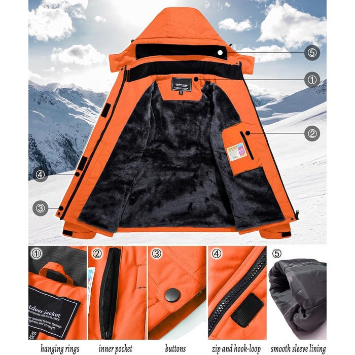 TACVAEN Жіноча куртка-перехідник, тепла зимова куртка, куртка для хайкінгу, вітронепроникна куртка з водонепроникною блискавкою, біло-чорна (XXL, помаранчевий)
