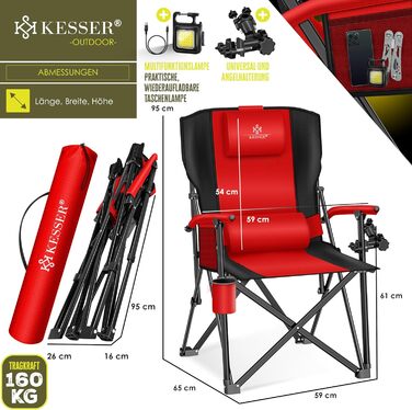 Кресlo для кемпінгу KESSER® - складне, 160 кг, з підлокітниками, кишенею для напоїв та сумкою | Стілець для риболовлі, пляжу, відпочинку