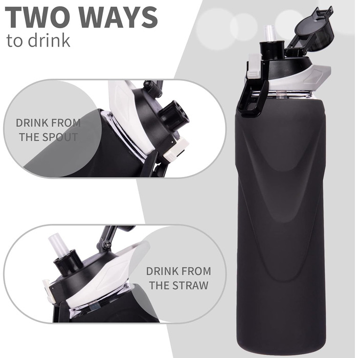 Спортивна скляна пляшка для води DEARRAY 1 л з трубочкою, герметична, BPA Free, силіконова оболонка, для смузі, фруктів і газованої води, чорна