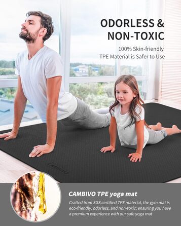 Килимок для йоги CAMBIVO XXL 183x122x0,6 см, товстий, нековзкий TPE, з рушником, для пілатесу, фітнесу, спорту, домашніх тренувань, чорний
