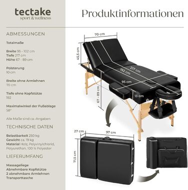Складаний масажний стіл Tectake, 3-зонний, регульована висота, 10 см м'яка оббивка, переносний, з підголівником, підлокітниками, дерев'яними ніжками та сумкою, чорний
