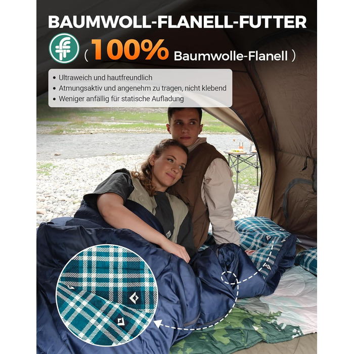 Спальний мішок KingCamp для 2 осіб з фланелі, зимовий, теплий, 3-4 сезони, з 2 подушками, для кемпінгу та відпочинку на природі, синій