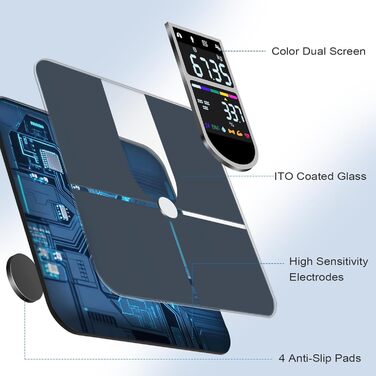 Вага для вимірювання жиру в тілі з великим дисплеєм, точна вага з аналізом жиру та м'язової маси, персональна вага з аналізом складу тіла (22 показники), частота серцевих скорочень, ІМТ, смарт-вага з підключенням до додатку