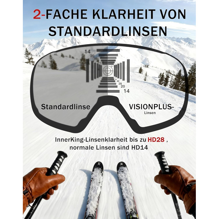 Окуляри для сноуборду та гірських лиж Innerking OTG, Anti-fog & UV400, з подвійним склом для корекції зору, чоловічі/жіночі/підліткові, чорний/срібний (VLT 11%)