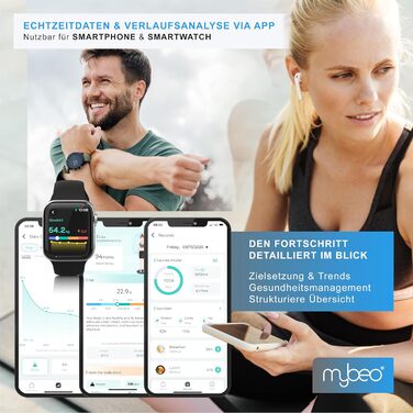 MyBEO Цифрова Bluetooth вага для аналізу складу тіла з додатком – вага для вимірювання ваги, BMI, жиру, м'язів – до 180 кг – LCD-дисплей – скляна поверхня 6 мм – біла