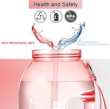 Пляшка для води Glaxcidy 2 в 1 2,5 л BOTTLED JOY з трубочкою та кришкою, з маркуванням часу, без BPA, для спорту, рожева (півгалона)
