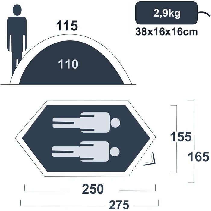 Намет туристичний yourGEAR Zelt ORA для 2 осіб, односкладовий, UV 50+, захист від комах, водонепроникний (5000 мм), блакитний/сірий