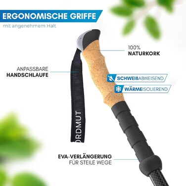 Складні трекінгові палиці NORDMUT® з карбону або алюмінію - регульована висота 1,50м/1,65м - ергономічні ручки, компактні, міцні