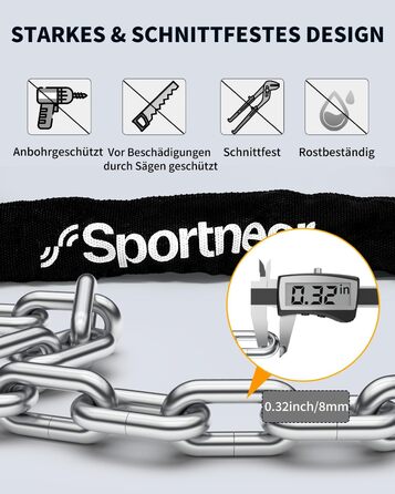 Ланцюговий замок Sportneer для велосипеда та мотоцикла, загартована сталь 8мм, протикрадіжний замок для дверей, воріт та гриля, 120 см, чорний (2 ключі)
