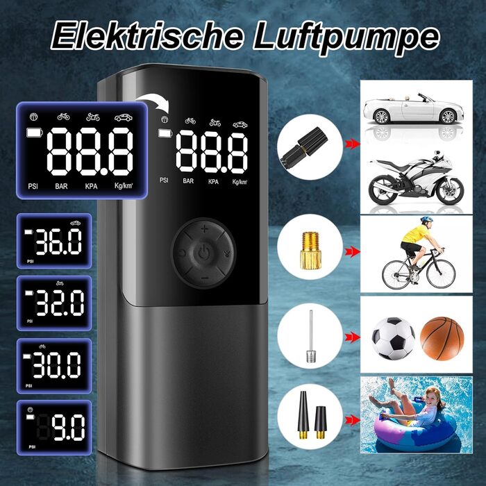 Електричний насос Viafexna 6000mAh, 150 PSI, з манометром для авто, велосипедів, м'ячів, матраців, лампа та Powerbank