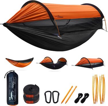 Гамак-намет Travel Bird з москітною сіткою та сонцезахистом, 290x140 см, великий простір, багатофункціональний, легкий, з ременями для кріплення до дерева, підходить для кемпінгу та відпочинку на природі (зелений/помаранчевий)