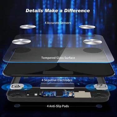 Інтелектуальна вага для вимірювання жиру та BMI з Bluetooth, 180 кг, чорна