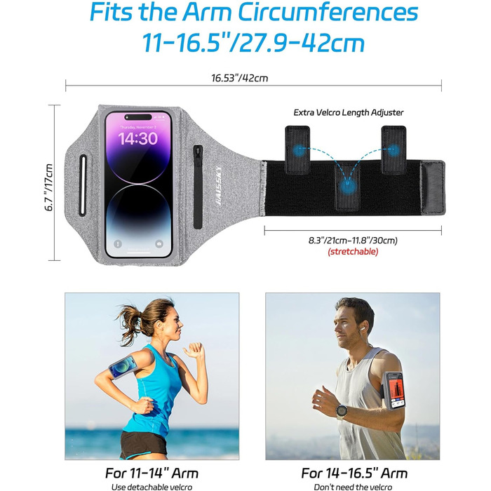Чохол-тримач для телефону на руку Razobws для бігу з кишенею для навушників, сумісний з iPhone 17 16 15 14 13 12 11 Pro Max, Galaxy S24 S23 Ultra, чорний/сірий (до 6.8 дюймів)