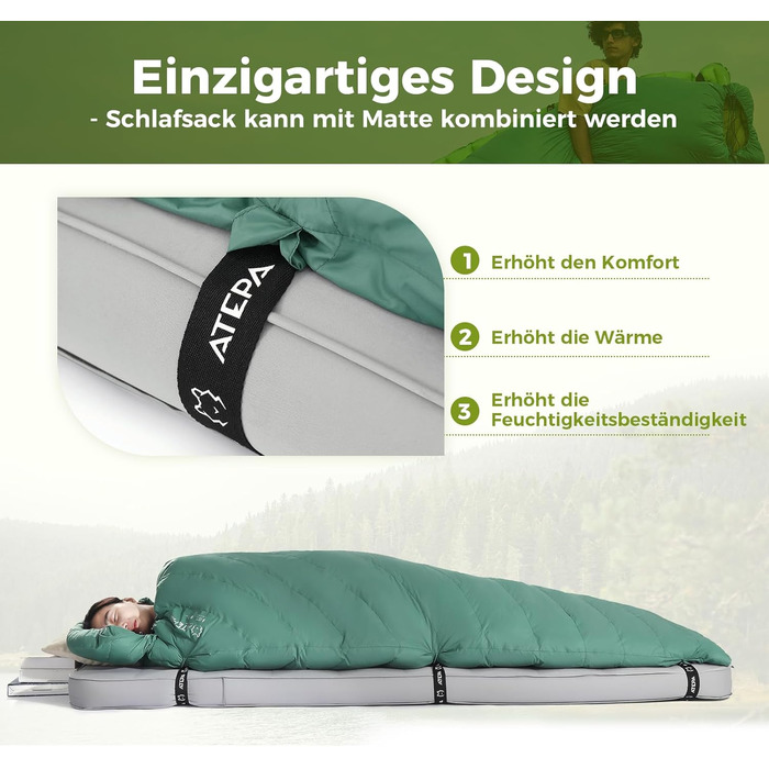 Спальний мішок ATEPA Ultraleicht Daunenschlafsack: Легкий, компактний, водонепроникний, для кемпінгу, трекінгу та рюкзакових подорожей. Комфортна температура 12°C, межа допустимої 7°C. ThermPlus Max.