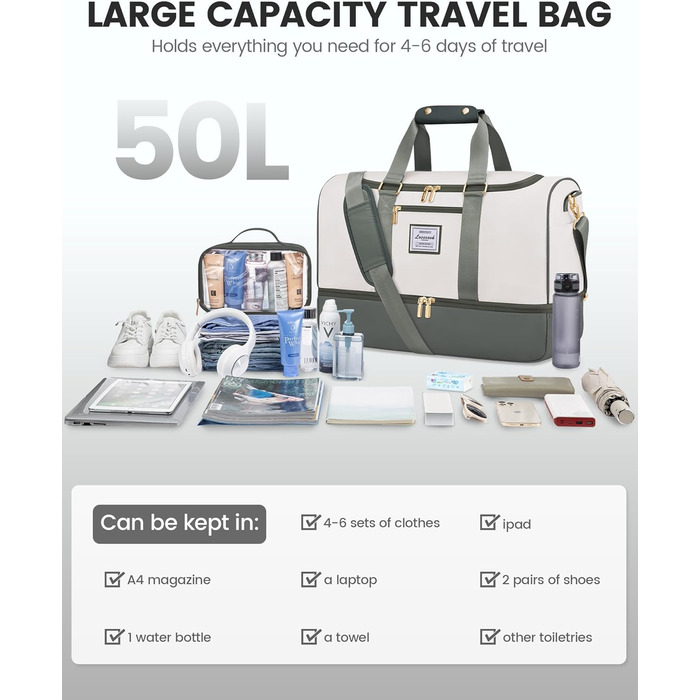 Сумка-валіза LOVEVOOK 37L для подорожей та спортзалу, водонепроникна, з відділенням для взуття та мокрих речей, зелено-бежева