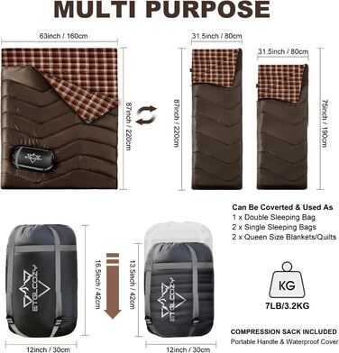 Спальний мішок для двох осіб, XL, Queen Size, для кемпінгу та походів, універсальний, вологостійкий, з компресійним мішком, чорний/зелений (кава)