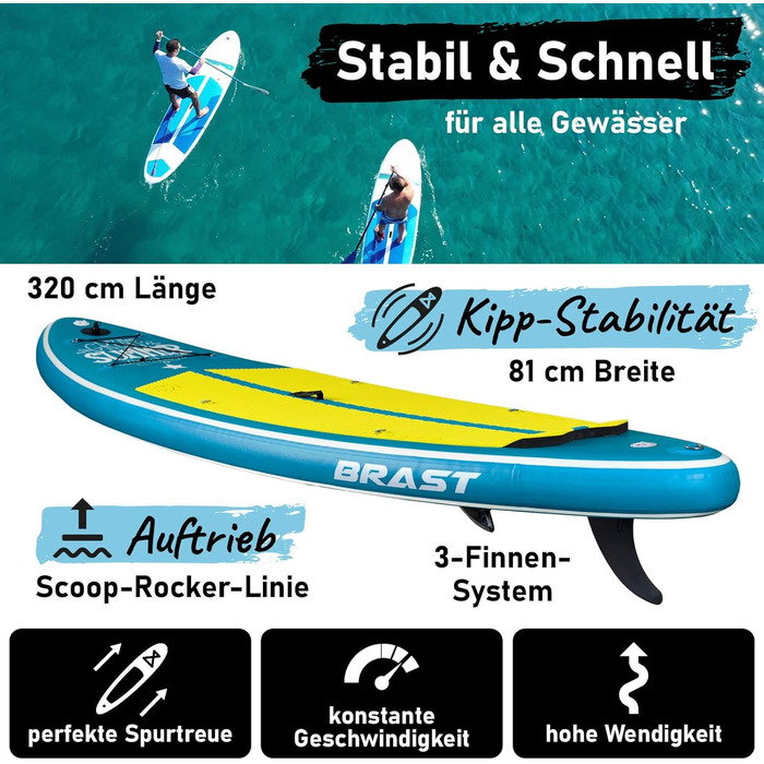 Надувний SUP Board BRAST з LED-підсвічуванням | Комплект для станд-ап паддлінгу | 320x81x15 см | 4 дизайни | LED-підсвічування 10 кольорів | 5 років гарантії | 2в1: весло + сидіння для каяка | Тримач для Action-Cam | Петля для ноги (Summer Petrol)