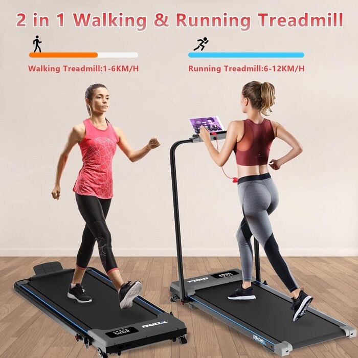 Біговий тренажер для дому з 3 рівнями нахилу, Walking Pad з APP, 2 в 1 складаний біговий тренажер до 12 км/год, під стіл, LED-дисплей та пульт керування, сірий