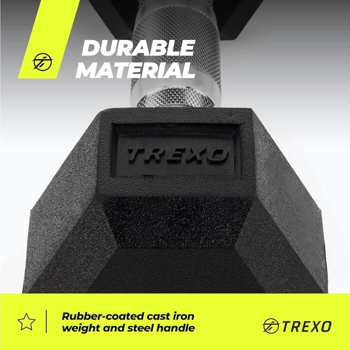 Гантель TREXO Hexagon 7,5 кг, прогумована, чавунна, для силових тренувань вдома, ергономічна ручка