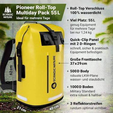 SCANDIC NATURE PIONEER: Водонепроникний рюкзак з ролтоп закриттям 35/55L, чорний, жовтий, оливково-зелений. Міцний завдяки дну з 1000D PVC тканини, водонепроникний чохол для телефону IPX8, 3 світловідбивачі.