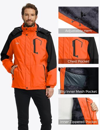 Чоловіча гірськолижна куртка Wantdo - тепла флісова, водонепроникна, дихаюча, з капюшоном, вітрозахисна, для активного відпочинку (Помаранчевий, M)