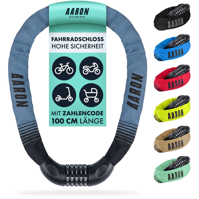 Замок для велосипеда AARON Lock One з 5-значним кодом, сталевий ланцюговий замок, високий рівень захисту, для електровелосипеда, гірського, трекінгового, туристичного та шосейного велосипеда (сіро-блакитний)