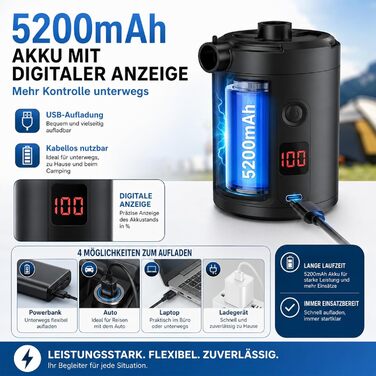 Електричний насос для надувних матраців Lytool 5200mAh з дисплеєм: портативний акумуляторний насос 2-в-1 для кемпінгу, басейну, ліжка, кілець