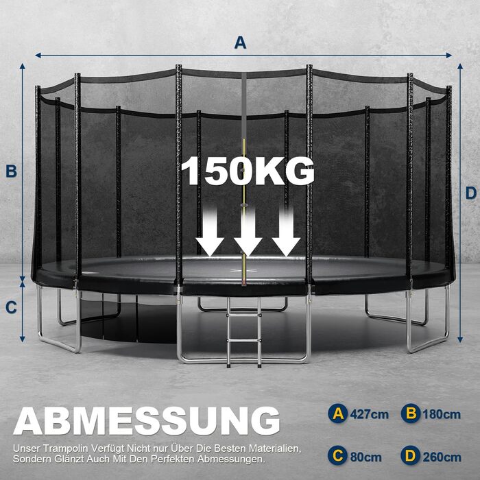 Трамплін JUMMICO Outdoor Ø 427 см з GS-сертифікацією, для дітей, з драбиною та боковою кишеню (Чорний)